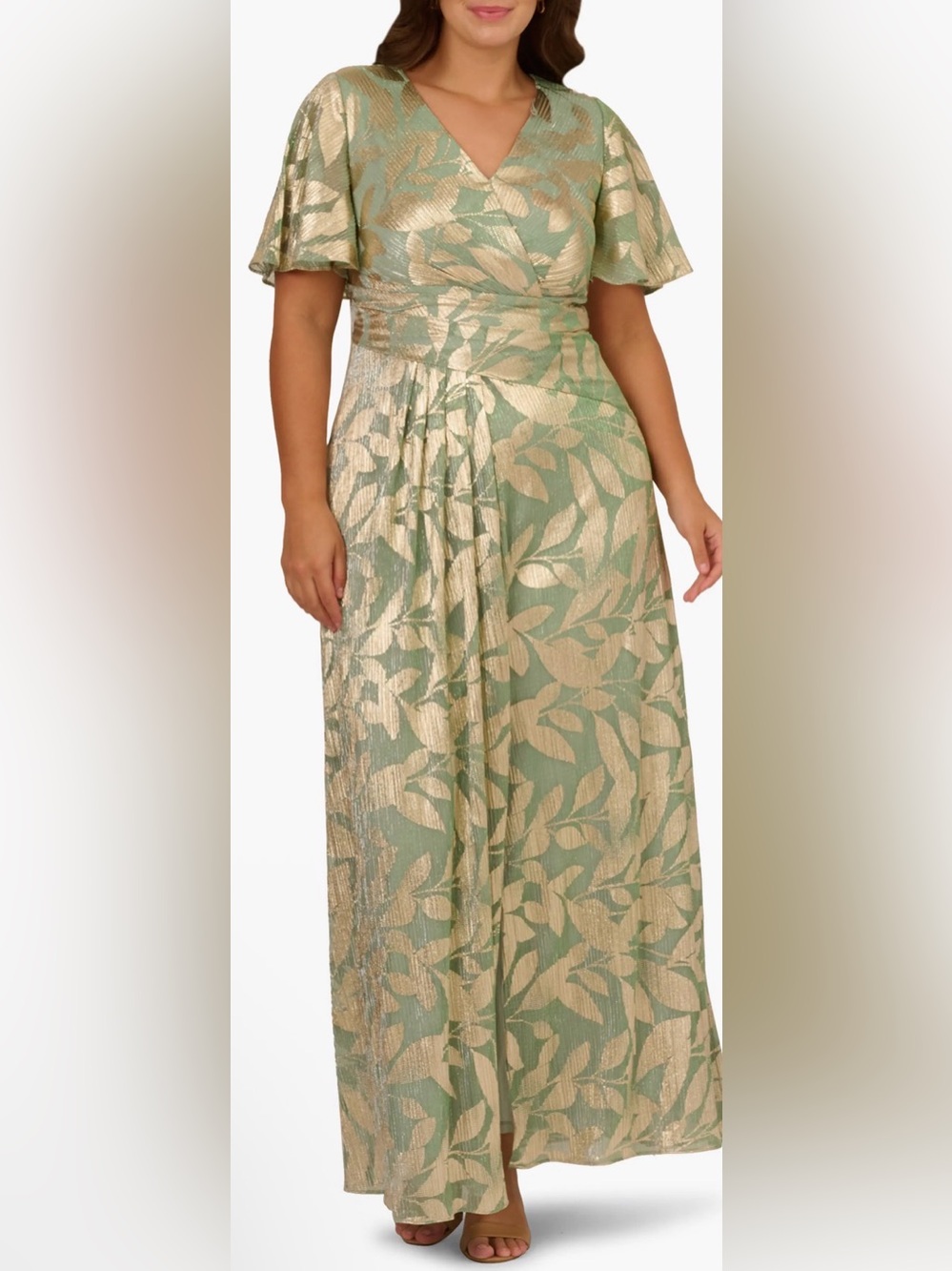 Adrianna Papell Foil Leaf Short Sleeve Gown Draped Sage & Gold. Size 16. NWT